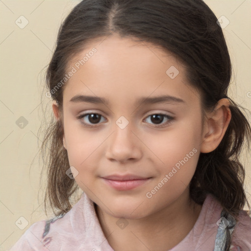 Joyful white child female with medium  brown hair and brown eyes