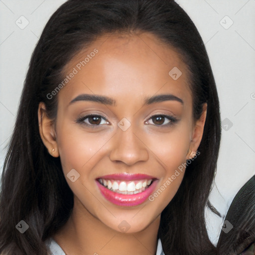 Joyful latino young-adult female with long  brown hair and brown eyes