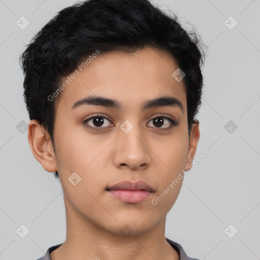 Neutral latino young-adult female with short  black hair and brown eyes