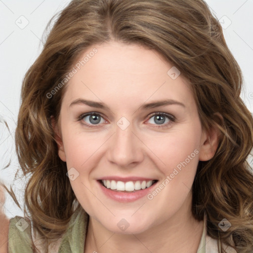 Joyful white young-adult female with medium  brown hair and green eyes