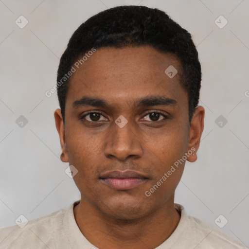 Neutral black young-adult male with short  black hair and brown eyes