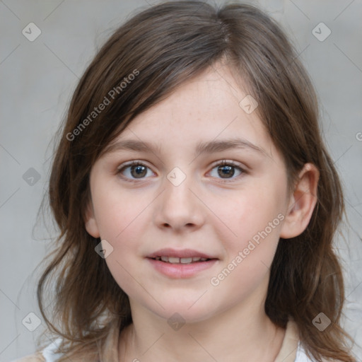 Joyful white child female with medium  brown hair and grey eyes