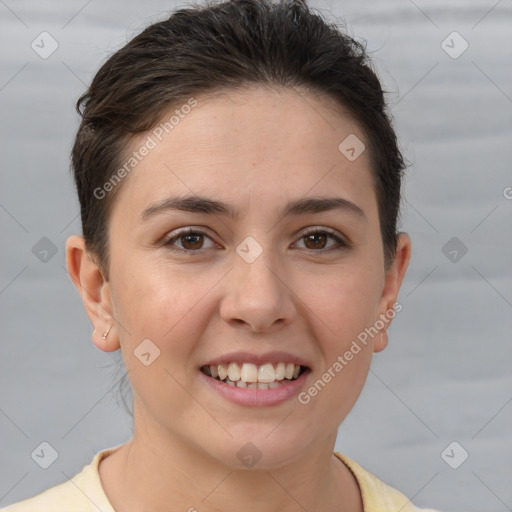 Joyful white young-adult female with short  brown hair and brown eyes