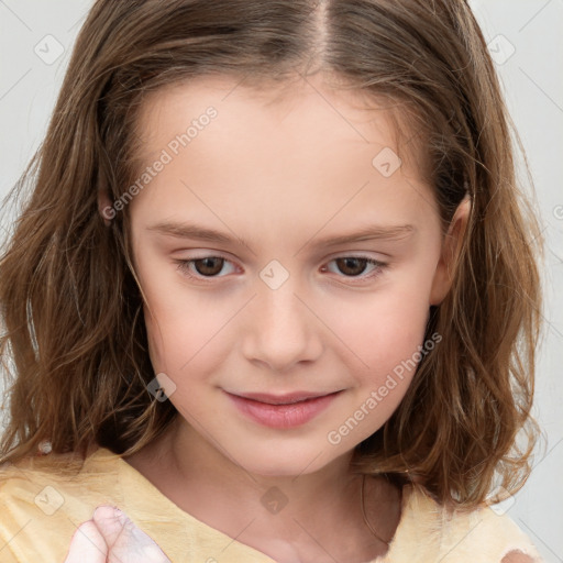 Joyful white child female with medium  brown hair and brown eyes