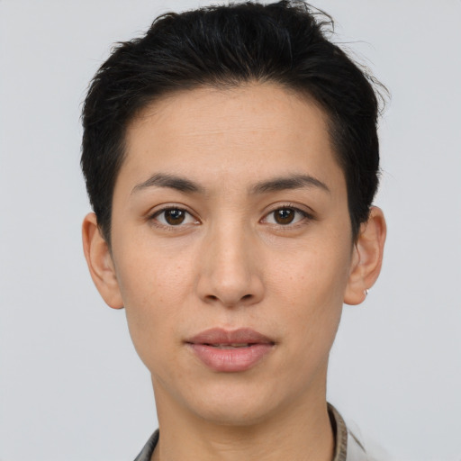 Neutral asian young-adult female with short  brown hair and brown eyes