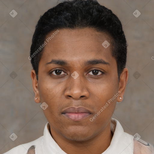 Neutral latino young-adult male with short  black hair and brown eyes