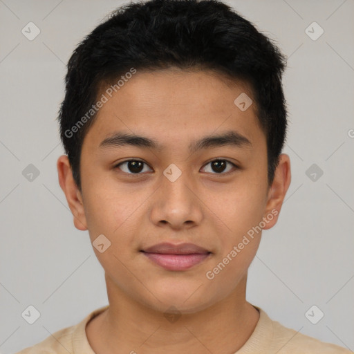 Joyful latino young-adult male with short  black hair and brown eyes