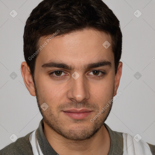 Neutral white young-adult male with short  brown hair and brown eyes