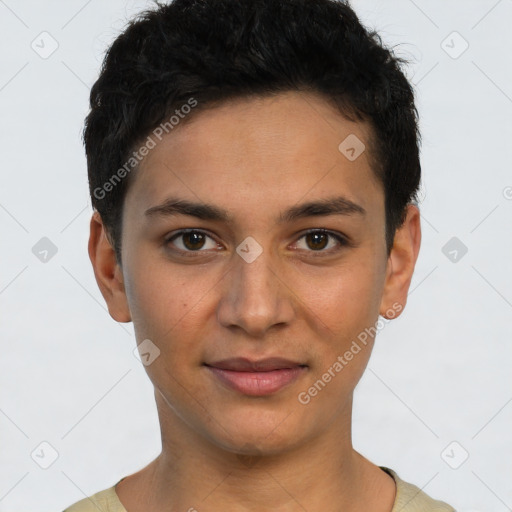 Joyful latino young-adult female with short  brown hair and brown eyes