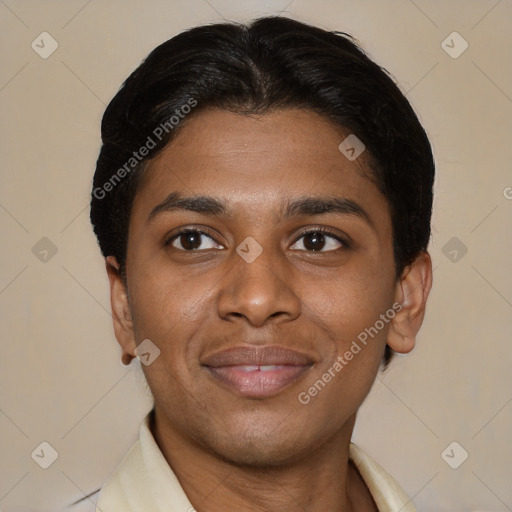 Joyful latino young-adult female with short  brown hair and brown eyes