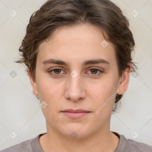 Neutral white young-adult female with short  brown hair and brown eyes