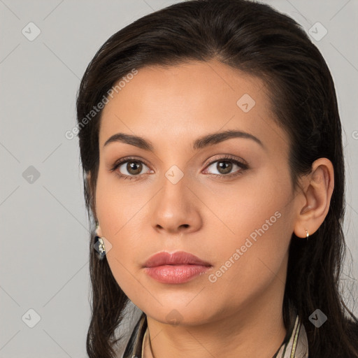 Neutral white young-adult female with long  brown hair and brown eyes