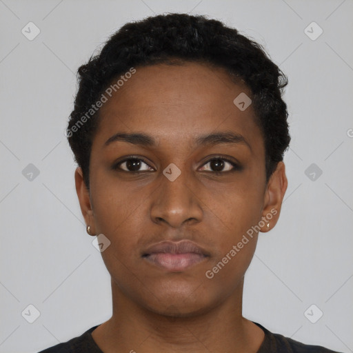 Neutral black young-adult female with short  black hair and brown eyes