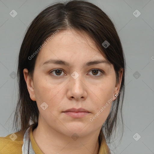 Neutral white young-adult female with medium  brown hair and brown eyes