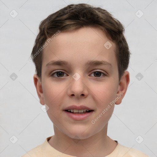 Joyful white child female with short  brown hair and brown eyes