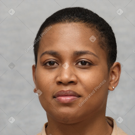 Neutral black young-adult female with short  brown hair and brown eyes