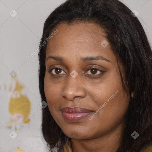 Joyful black young-adult female with medium  brown hair and brown eyes