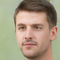 Neutral white young-adult male with short  brown hair and grey eyes