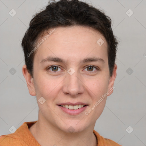 Joyful white young-adult female with short  brown hair and brown eyes