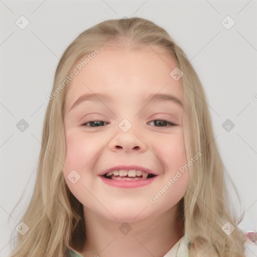 Joyful white child female with medium  brown hair and blue eyes