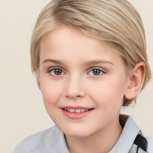 Joyful white child female with medium  brown hair and grey eyes