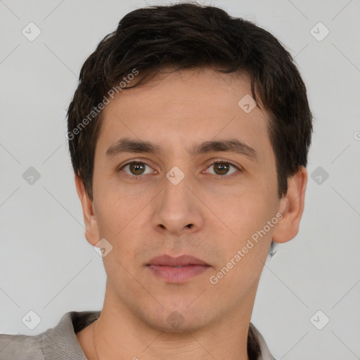 Neutral white young-adult male with short  brown hair and brown eyes