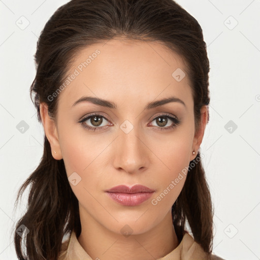 Neutral white young-adult female with long  brown hair and brown eyes