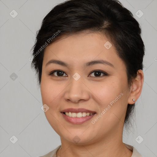 Joyful white young-adult female with medium  brown hair and brown eyes