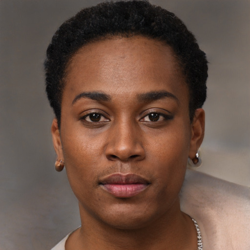 Neutral black young-adult female with short  black hair and brown eyes