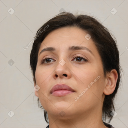 Neutral white young-adult female with medium  brown hair and brown eyes