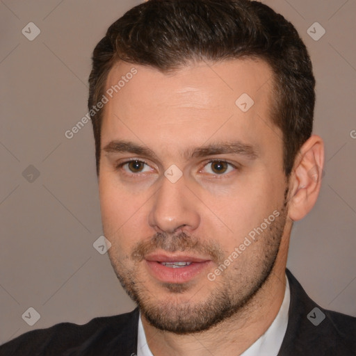 Neutral white young-adult male with short  brown hair and brown eyes