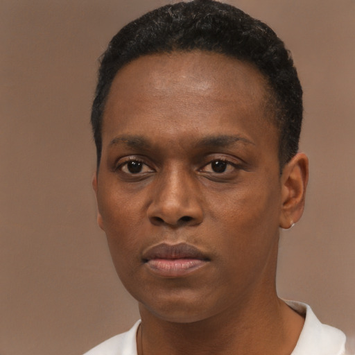 Neutral black young-adult male with short  black hair and brown eyes