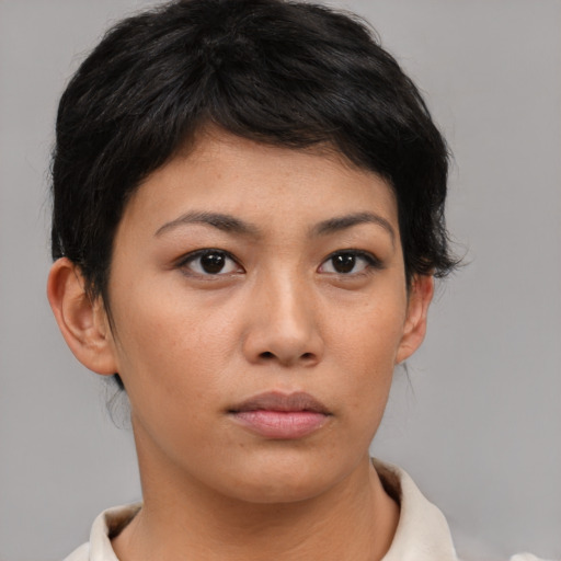 Neutral asian young-adult female with short  brown hair and brown eyes