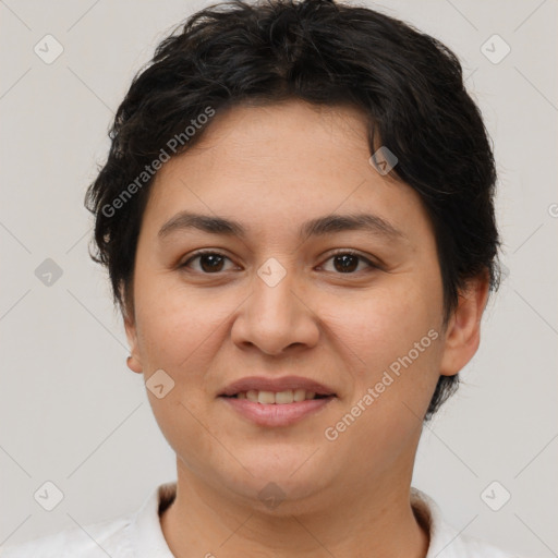 Joyful latino young-adult female with short  brown hair and brown eyes