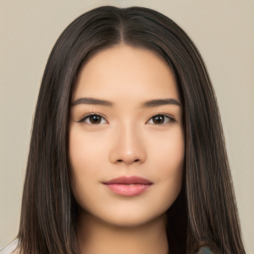 Neutral asian young-adult female with long  black hair and brown eyes