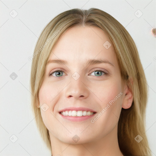 Joyful white young-adult female with medium  brown hair and blue eyes