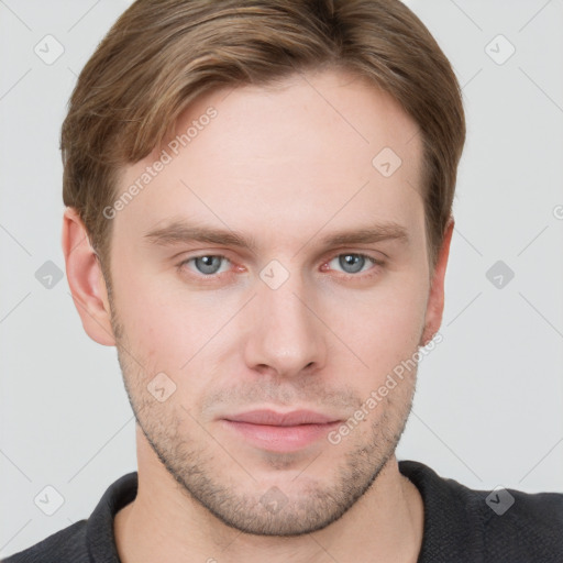 Neutral white young-adult male with short  brown hair and grey eyes