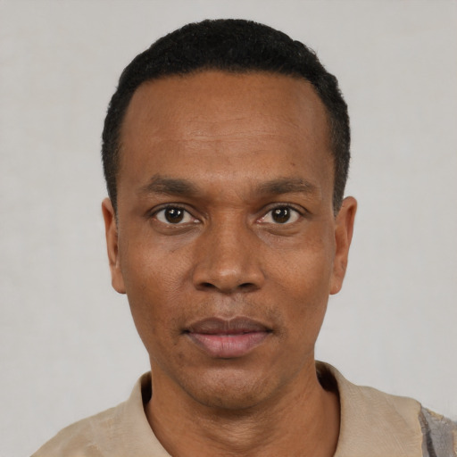 Neutral black adult male with short  black hair and brown eyes