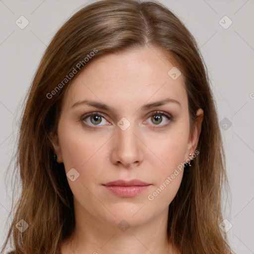 Neutral white young-adult female with long  brown hair and brown eyes