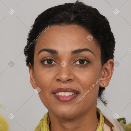 Joyful latino young-adult female with short  brown hair and brown eyes