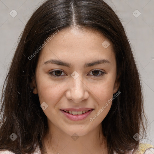 Joyful white young-adult female with medium  brown hair and brown eyes