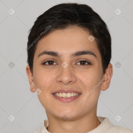 Joyful white young-adult female with short  brown hair and brown eyes