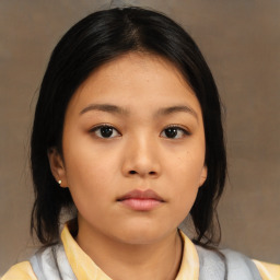 Neutral asian young-adult female with medium  brown hair and brown eyes