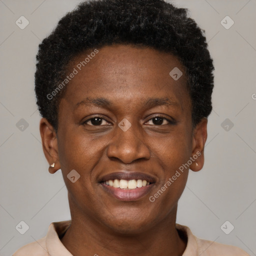 Joyful black young-adult male with short  brown hair and brown eyes