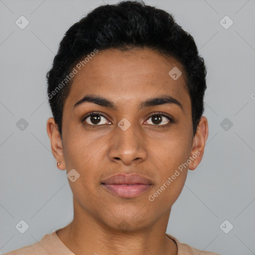 Joyful latino young-adult female with short  black hair and brown eyes