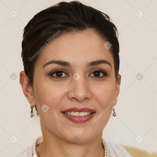 Joyful white young-adult female with short  brown hair and brown eyes