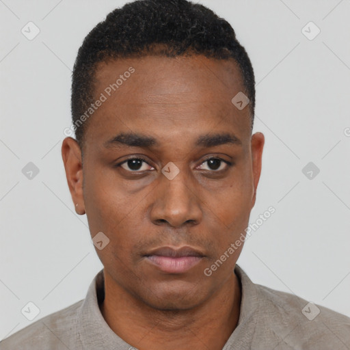 Neutral black young-adult male with short  black hair and brown eyes
