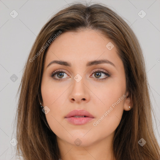 Neutral white young-adult female with long  brown hair and brown eyes