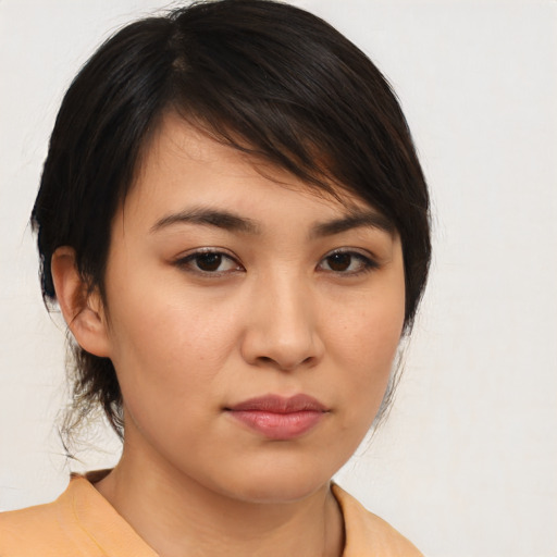Neutral asian young-adult female with medium  brown hair and brown eyes