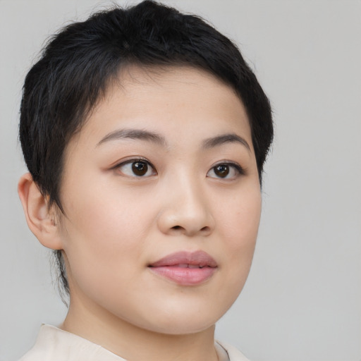 Neutral asian young-adult female with short  black hair and brown eyes